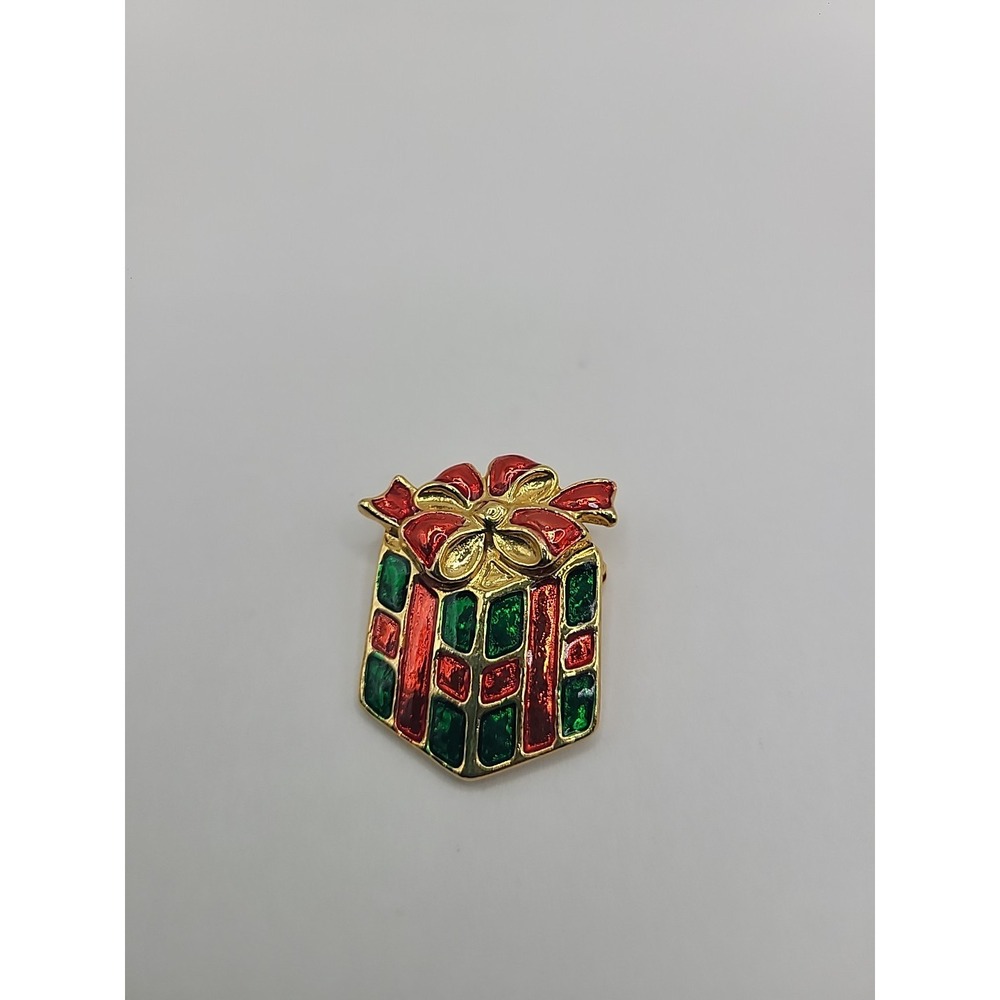 Signed AAI Christmas Present Brooch Red Green Enamel Holiday Gift Pin